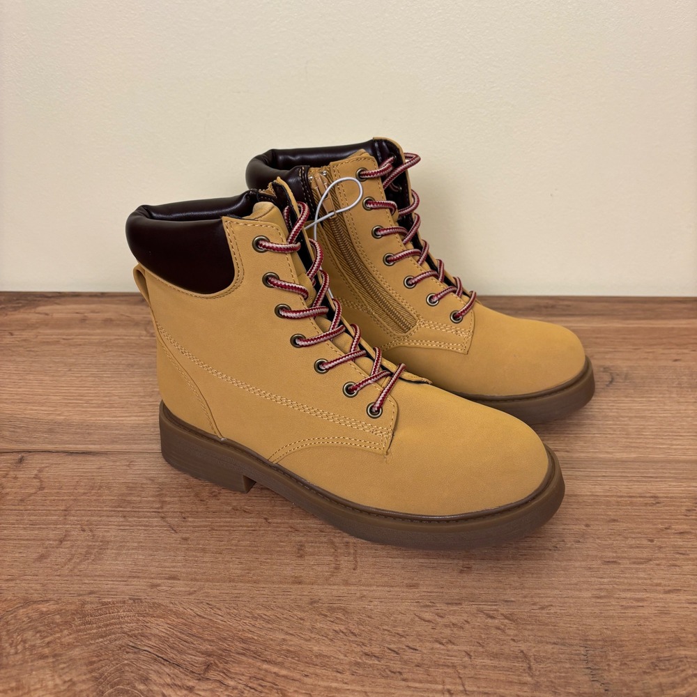 STEVE MADDEN JJumble Combat Boots Tan Kids Size 4 Side Zip Lace Up Low Heel